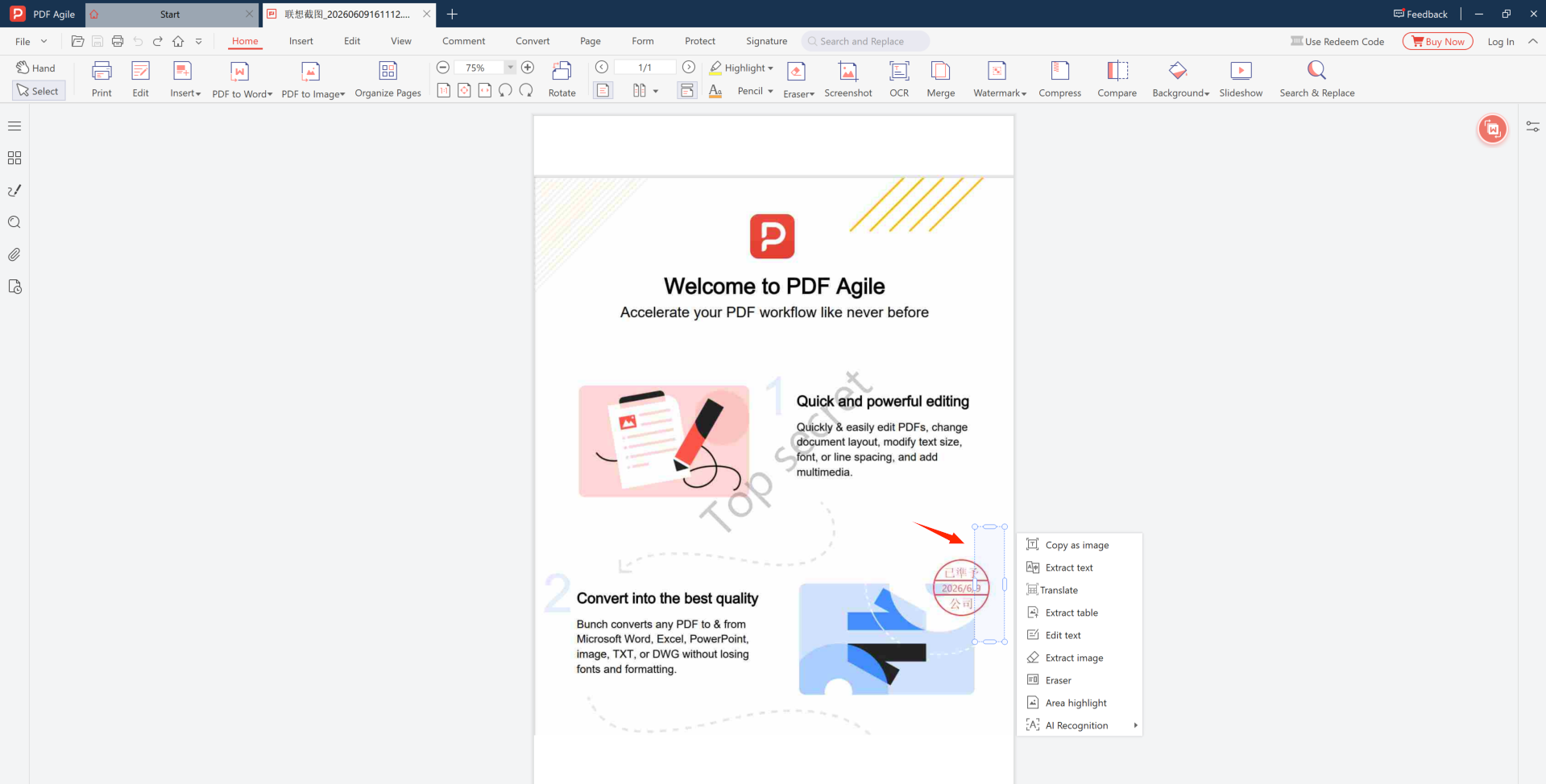 PDF Agile context menu with Eraser tool for selecting and removing watermark areas
